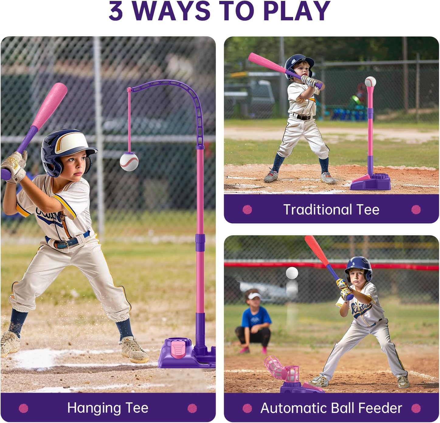 3-in-1 T Ball Set for Kids 3-5 5-8 , Baseball Tee Set with Adjustable Batting Tee & Pitching Machine & Retractable Baseball Bat & 6 Baseballs, Outdoor Toy Gifts for Boys Girls Toddlers, Purple 3-in-1 T Ball Set for Kids 3-5 5-8 , Baseball Tee Set with Adjustable Batting Tee & Pitching Machine & Retractable Baseball Bat & 6 Baseballs, Outdoor Toy Gifts for Boys Girls Toddlers, Purple